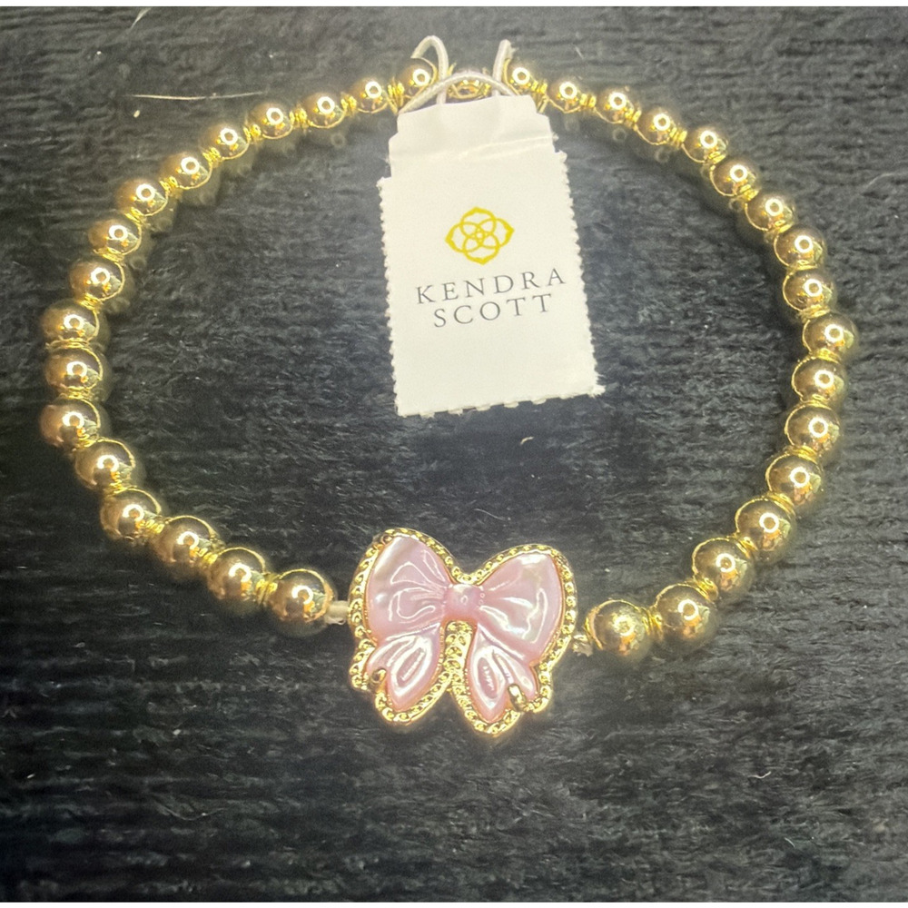 Kendra Scott Haley Bow Stretch Bracelet Gold Blush Pink Ivory Charm 6.5 NWT Gift